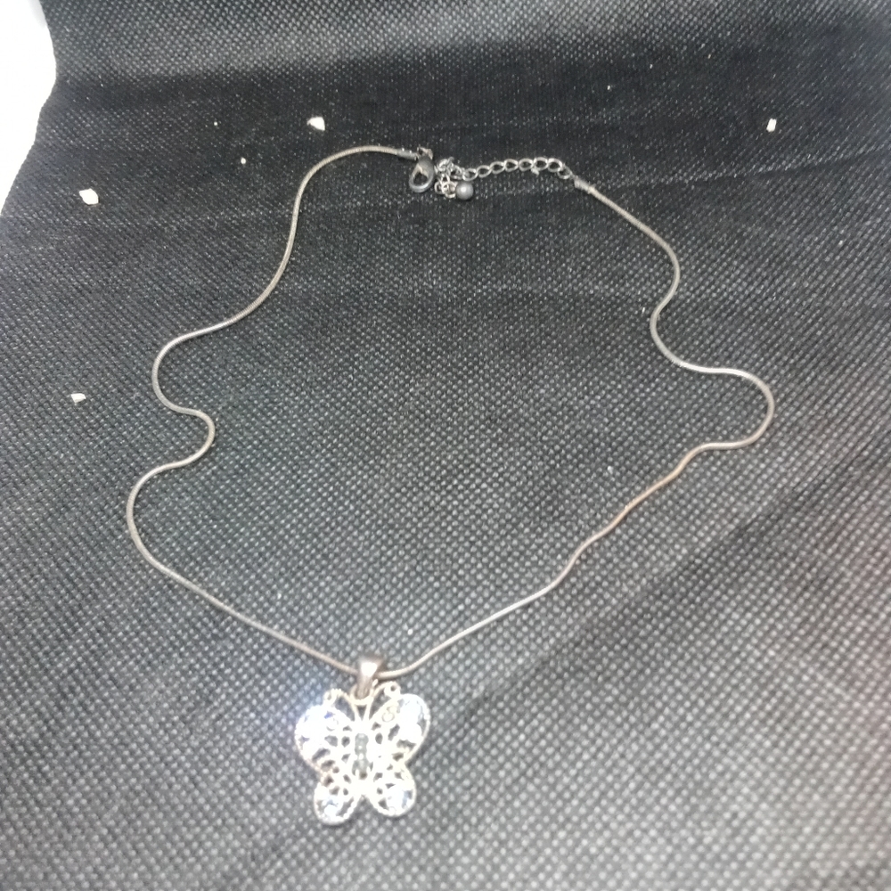 Silver Butterfly Necklace with Blue Diamonds